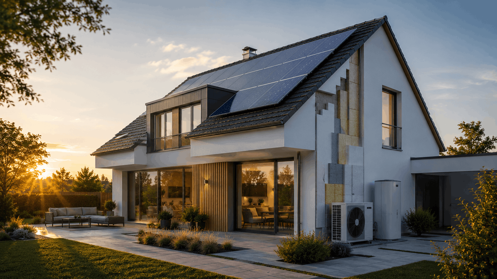 Modernes energieeffizientes Einfamilienhaus mit Photovoltaik und Wärmepumpe